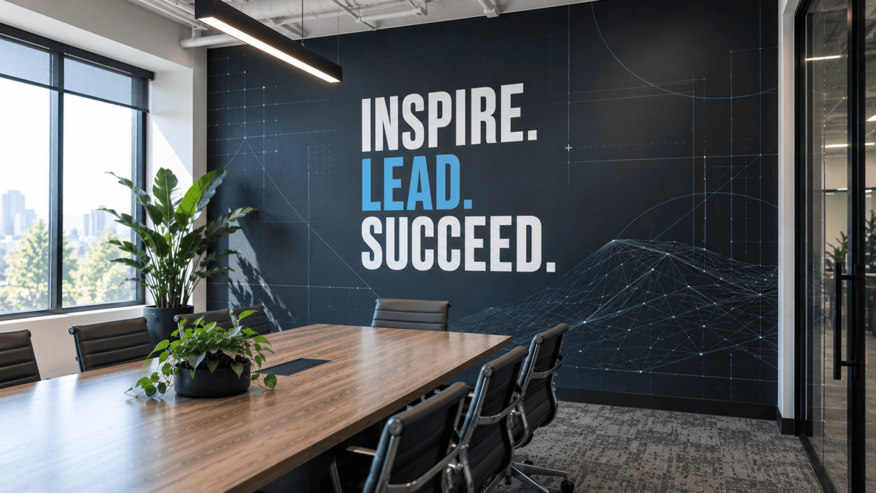 Merced conference room with a bold navy wall mural reading Inspire Lead Succeed
